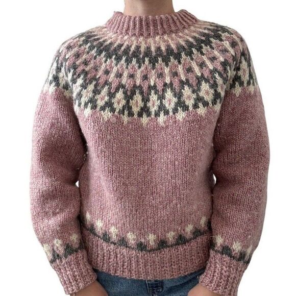 Neva McIntosh Hand Knit Pink 100% Wool Fair Isle Knitted in Scotland Sweater L - Picture 1 of 8